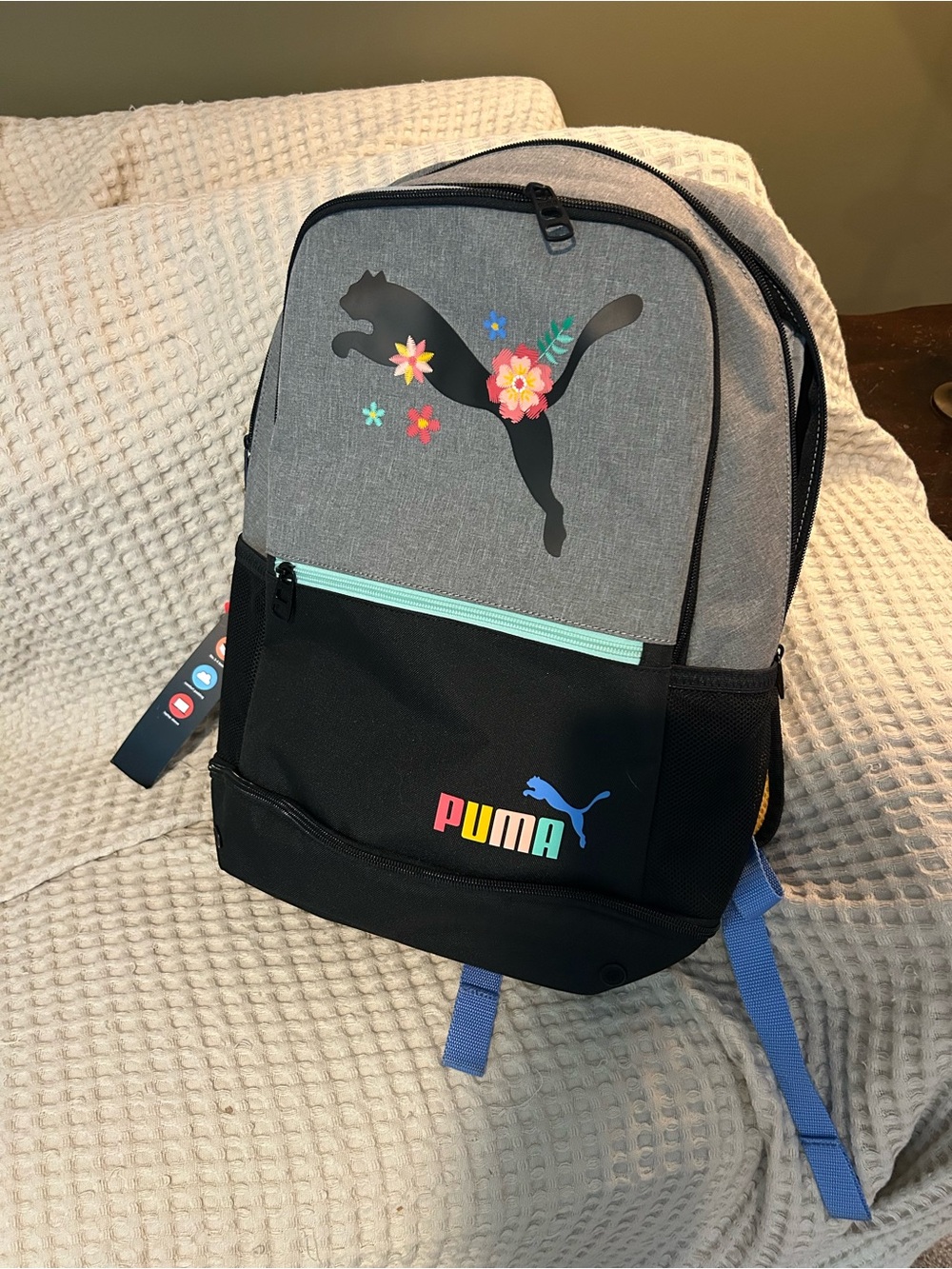 Puma Gray, Black & Mint Backpack with Floral Puma Emblem